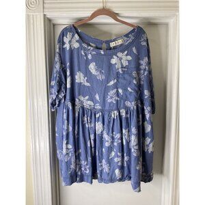 Free People We the Free Denim Chambray Floral Print Baby Doll Short Sleeve Top B